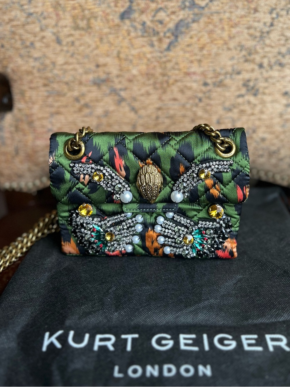 Kurt Geiger Green Quilted Mini Bag with Multicolor Embellishments